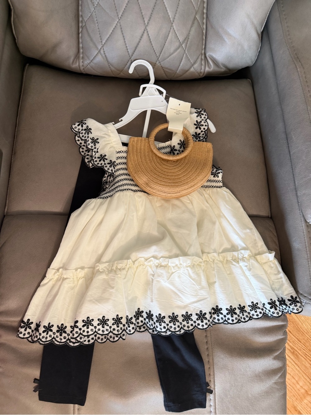 Girls Cream Embroidered Dress & Black Leggings Matching Set